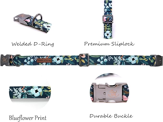 Elegant little tail Dog Collar, Floral Pet Collar Durable Darkblue Flower Dog Collars Male or Female Holiday Pet Gift Adjustable Dog Collar for Large Dogs