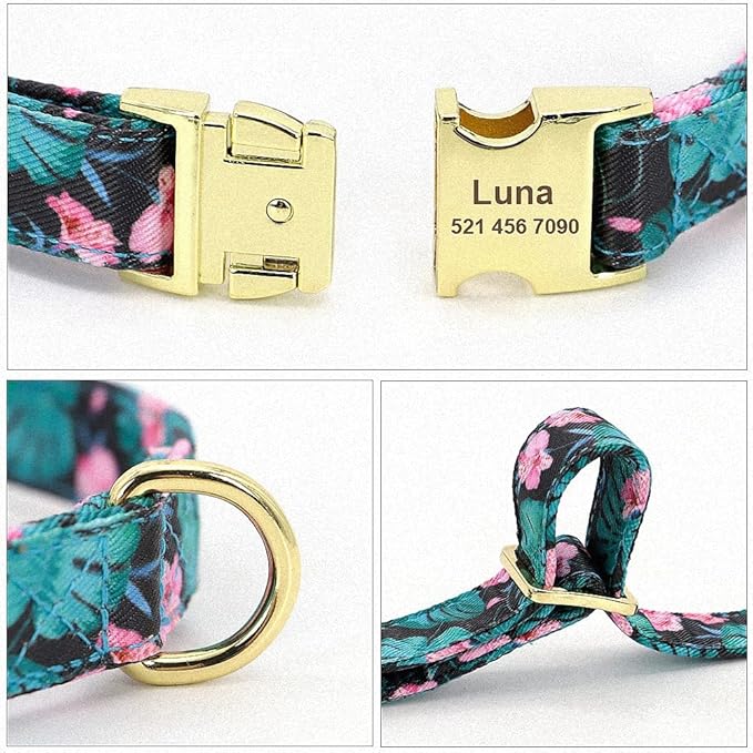 Flower Custom Dog Collar Printed Pet Nylon Dogs Collar Personalized Chihuahua Puppy Collars for Small Medium Large Dog Green L