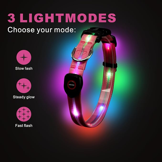 Light up Dog Collars,Led Dog Collar Rechargeable,Glow in Dark Dog Lights for Walking at Night for Small Medium, Large Dogs (Cute Pink)