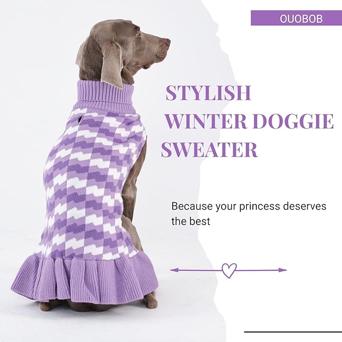 Dog Sweaters for Large Dogs Girl, Dog Sweater Dress with Leash Hole, Thick Turtleneck Knitwear for Female Dogs, Warm Fall Winter Dress for Cold Weather, Thanksgiving, Christmas - Purple XL