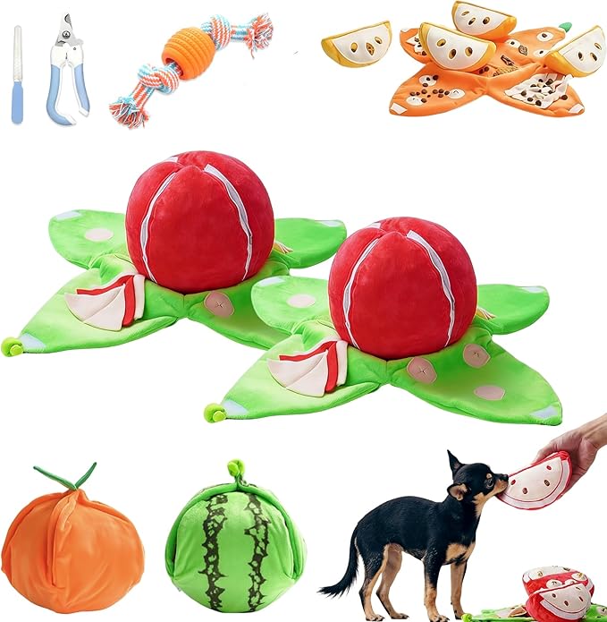 Orange Hide and Seek Plush Dog Toy, Interactive Squeaky Puzzle Toy with Hidden Pockets & Crinkle Paper, Watermelon Snuffle Mat for Small Medium Dogs Boredom Nosework (Watermelon 2PCS)