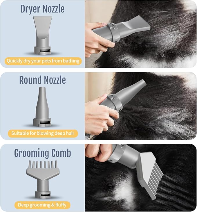 High Velocity Dog Hair Dryer for Pet Grooming – 150 MPH Airflow, Adjustable Temperature, and 3 Nozzles for Efficient Drying of Dogs, Cats, and Furry Friends