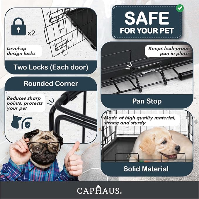 CAPHAUS Foldable Dog Crate Wire Metal Dog Kennel w/Leak-Proof Pan & Protecting Feet & Divider Panel, Single or Double Door, Small, Medium & Large Indoor Wire Cage, 24” w/Single Door