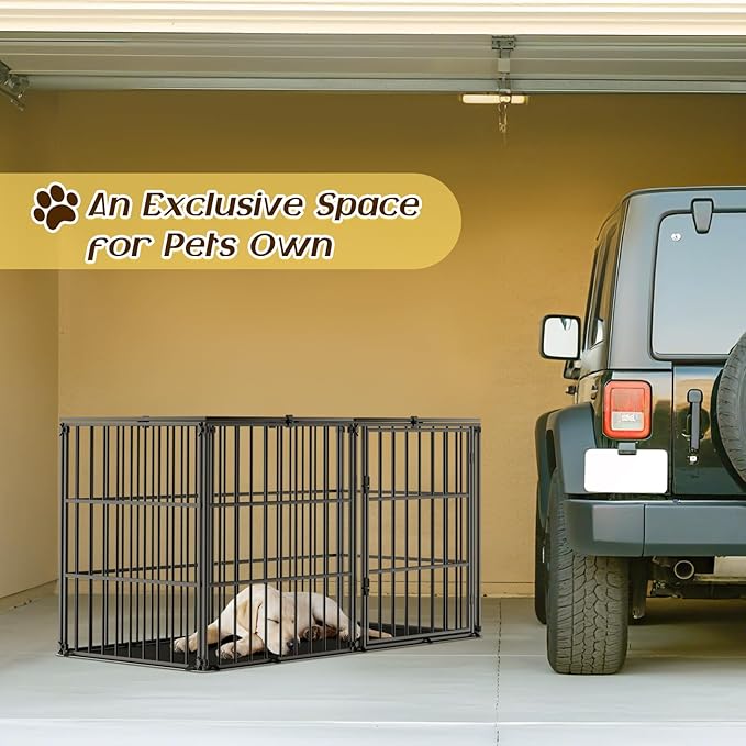 Pawaboo Heavy Duty Dog Crate, 56 inch Large Metal Dog Cage, Thickened Anti-bite Dogs Kennel with Mat, Dogs Playpen with Secure Top, Pet Cage Crate with Lock Door, Black