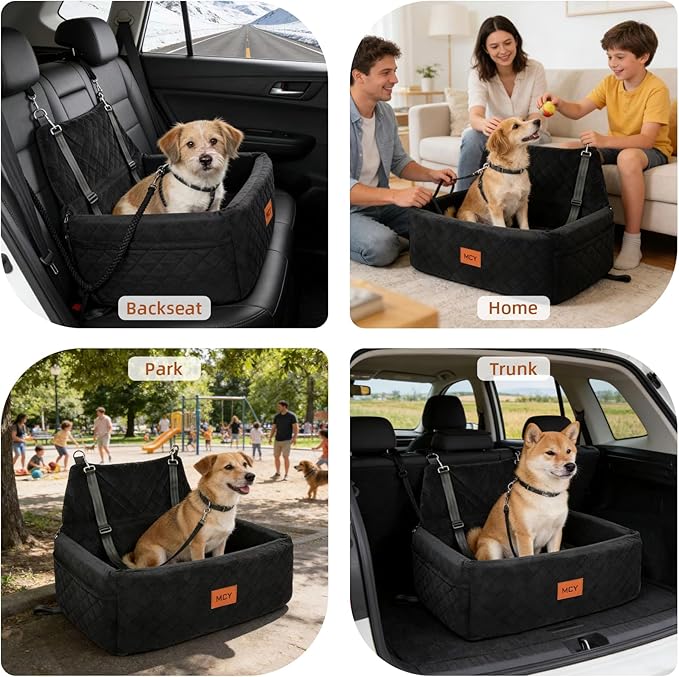 MCY Dog Car Seat for Large Medium Dogs, Dog Booster Seat with Thick Cushion, Portable Washable Pet Under 55 lbs, 2 Safety Leashes Travel Car Bed, Suitable for Home and Outdoor, Black