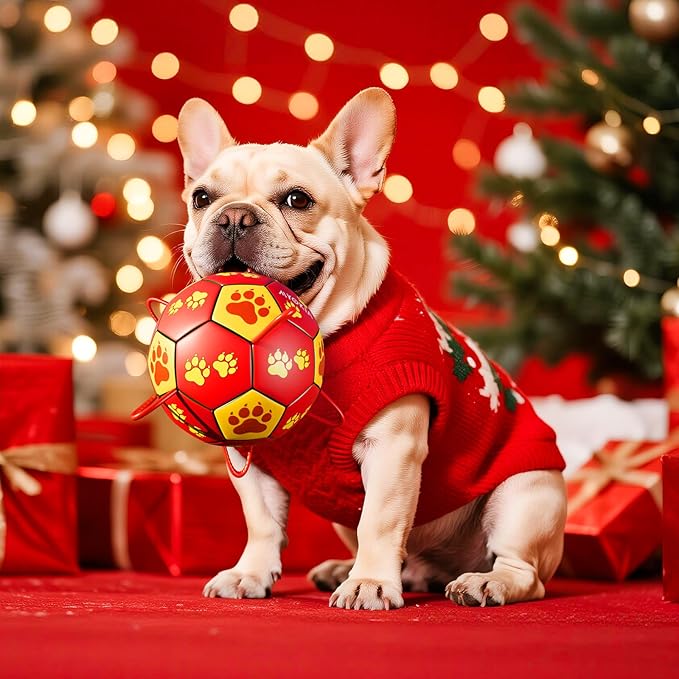 Size 3 Dog Soccer Ball with Straps Durable Training Ball for Pets Interactive Outdoor Dog Toy, Red & Yellow, Paw Prints Design, for Medium & Large Dogs' Playtime