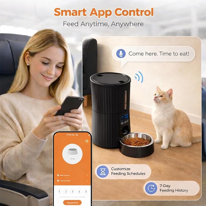 Simple Deluxe Automatic Cat Feeder, Wi-Fi - 4L Dry Food Dispenser for Cat and Dog with APP Control | 10 Meals | 10s Voice Recorder | Programmable 50 Portions | Dual Power Supply | Desiccant Bag, Black