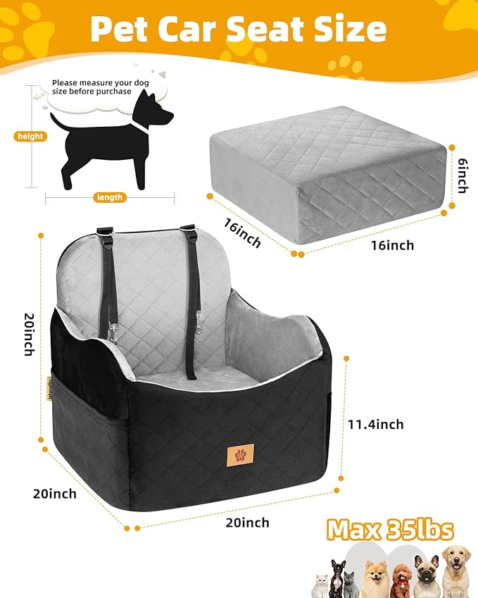 Car Seat Booster for Dog: High-Support Memory Foam Pet Car Seat for Small/Medium Dogs Under 35lbs with Elevated Cushion - Detachable Washable Puppy Travel Bed for Driving with Pockets