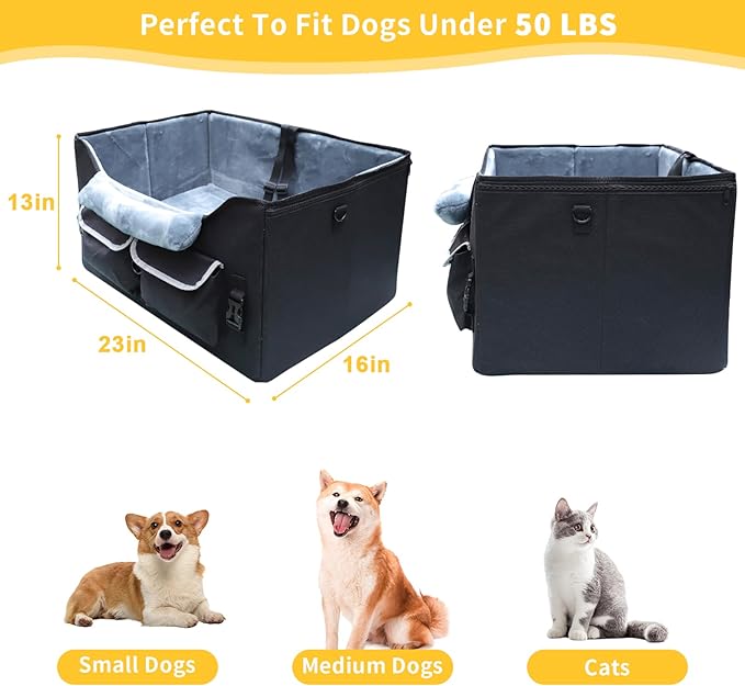 Foldable Dog Car Seat for Small/Medium Dogs,Potable Puppy Booster Seat with Harness &Safety Belt, Travel Pet Bed can Removable & Washable Suitable for 2 Dogs 25-30 lbs(Black)