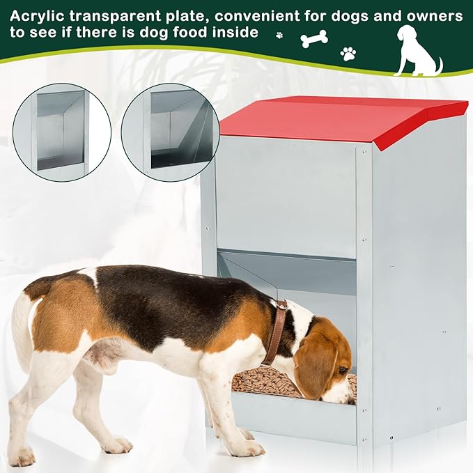 2 Pcs 25 Lbs Large Automatic Dog Feeders with Handle Acrylic Panel Galvanized Gravity Feeder Outdoor Hanging for Doggie Breed Dog Food Dispenser Container(Red)