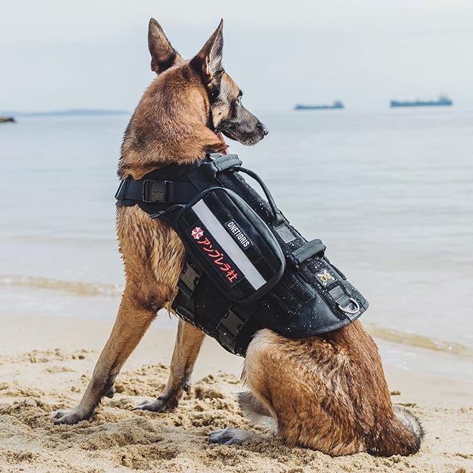 OneTigris Large Tactical Dog Harness, No Pulling Adjustable Dog Vest Harness, Heavy Duty Dog Harness with Handle, Large Hook and Loop Panels for Patch Black