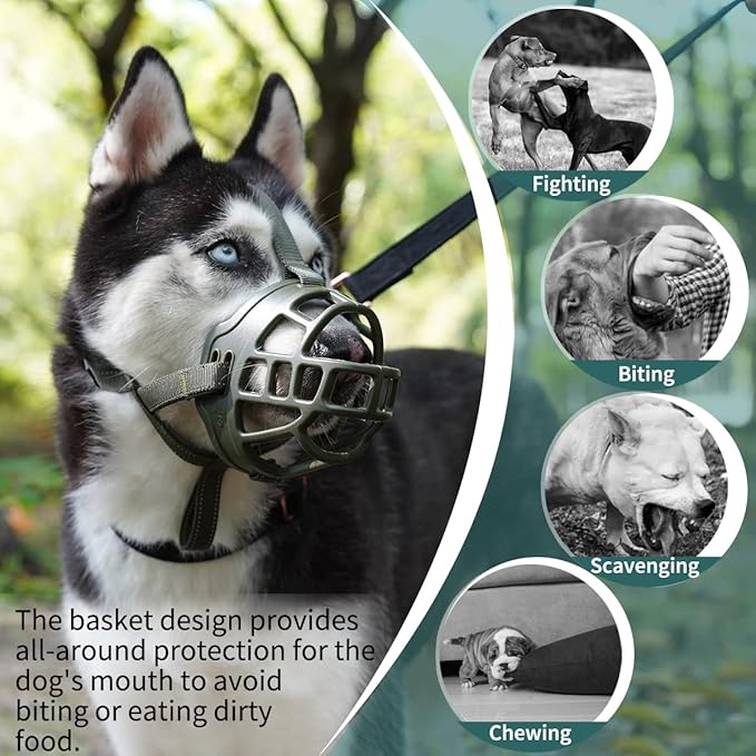 BARKLESS Dog Muzzle, Basket Muzzle for Small Medium Large Dogs, Soft Cage Mouth Cover for Biting Chewing, Allow Drinking Panting for German Shepherd Pitbull Rottweiler (6 (Snout 13¾-15½"), Green)