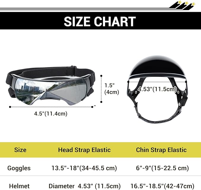 PETLESO Dog Goggles for Small Dogs with Helmet, 2PCS Doggy Sunglasses and Pet Motorcycle Helmet Set for Small to Medium Pet Outdoor Riding Walking, Silver Goggles Black Helmet