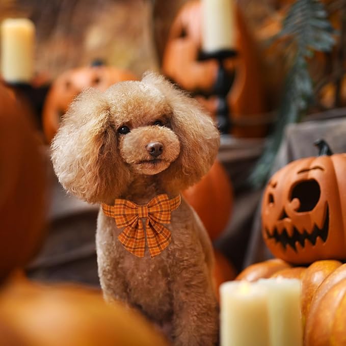 Maca Bates Fall Pumpkin Plaid Dog Collar with Sailor Bow Tie for Extra Large Girl,Boy,Autumn Checkered Puppy Collars with Bowtie,Halloween Gingham Print Adjustable Breakaway Soft for Male Female Dogs