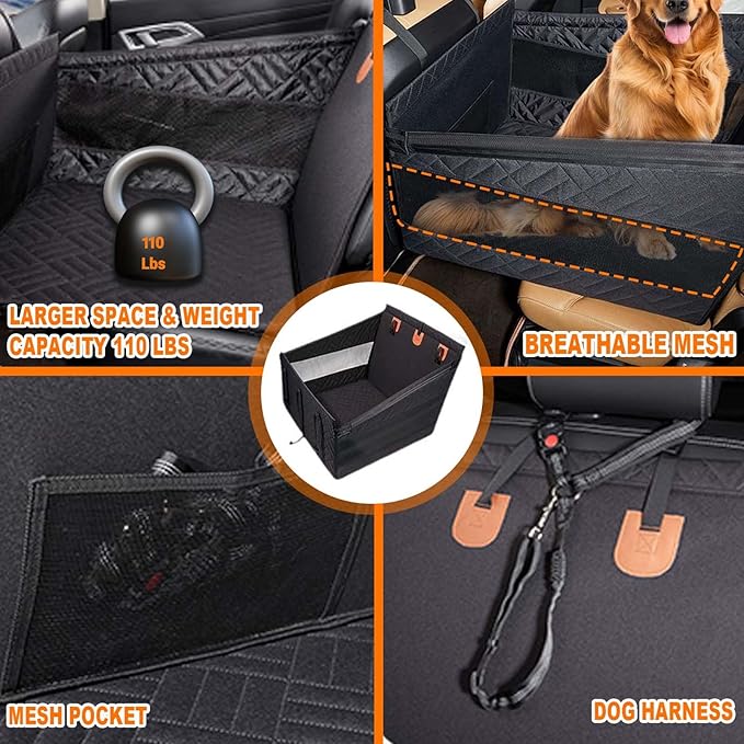 Dog Car Seat for Large Medium Dogs with Seat Belt, Waterproof Dog Car Seat, Pet Bed for Cars Hammock with Storage Pocket(Grey)