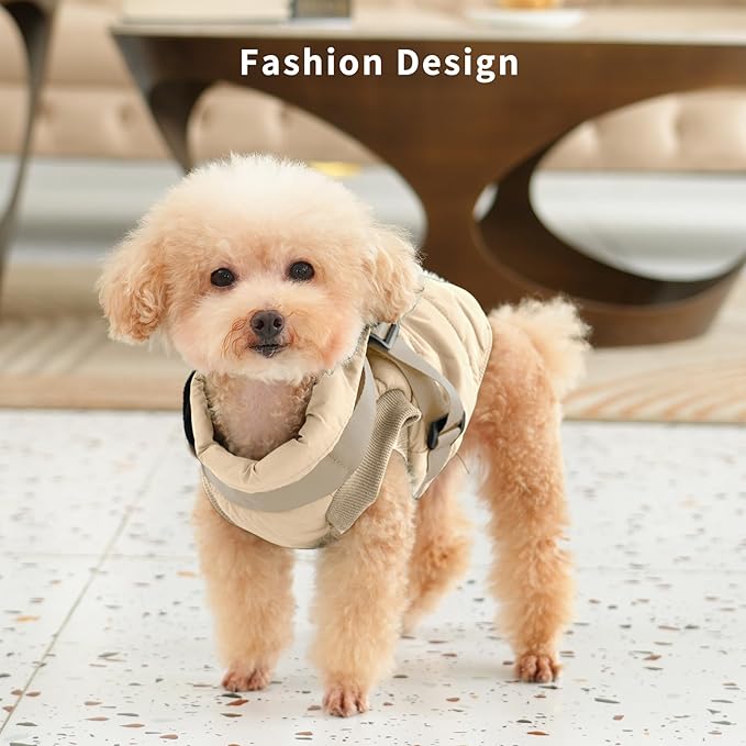 Dog Jacket with Harness,Fleece Lined Warm Puppy Coat for Winter,Soft Windproof Small Dog Vest,Khaki XS