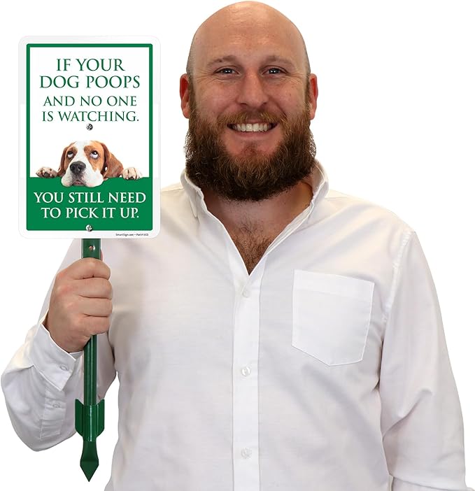 SmartSign Funny Pick Up After Your Dog Yard Sign - 10"x7", 21.5 inch Tall Lawn Sign & Stake Kit, Cute Dog Graphic, 40 mil Laminated Rustproof Aluminum
