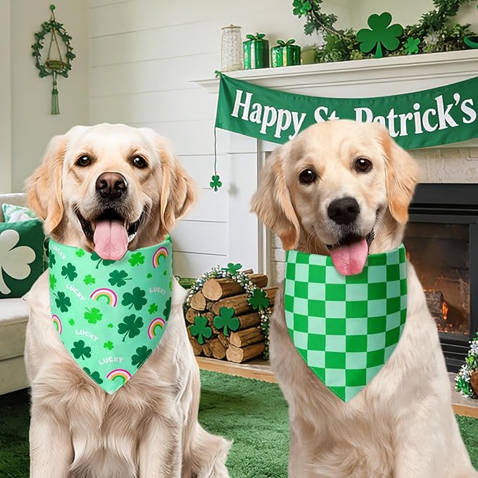 St. Patrick's Day Dog Bandanas Large 3PCS, 6 Pattern Green Scarf for Boy and Girl, Triangle Reversible Bibs Breed for Puppy Pets
