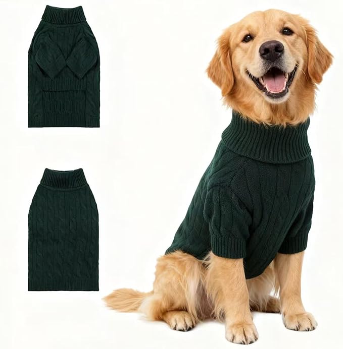 Small/Medium Dog Sweater, Warm Dog Winter Coat w/Sleeves, Comfortable High Neck Premium Dog Clothes for Golden Retriever-Best for Holidays, Daily Walks XXL Green