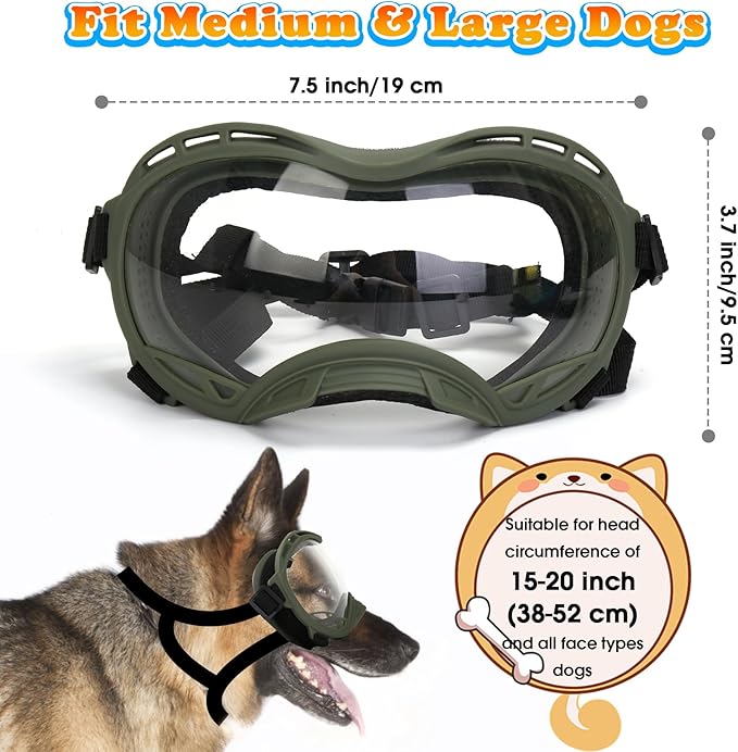 Dog Goggles for Large Dogs, UV Protection Dog Sunglasses, Adjustable Strap, Windproof、Dustproof、Anti-Fog Eye Protection Sunglasses for Large and Medium Dogs (Olive Green Frame)