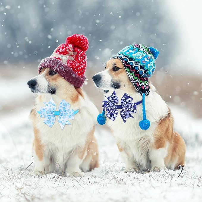 Maitys 80 Pcs Winter Snowflake Dog Bow Tie Adjustable Winter Dog Collar with Bow Ties 20 Styles Snow Snowman Snowflake Elk Pet Grooming Accessories Attachment Pet Supplies for Xmas Holiday Decor