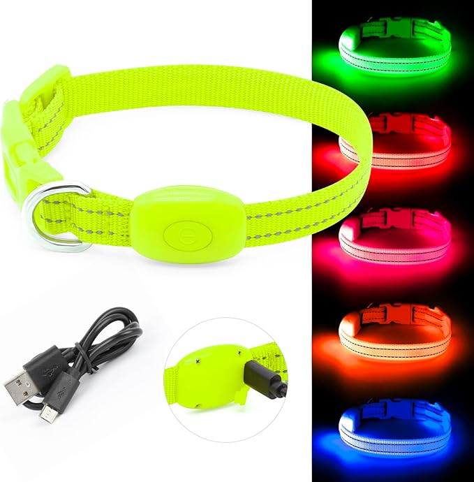 BSEEN Adjustable LED Dog & Cat Collar - Rechargeable, Small Breeds, Green, 8.5-11.8 inches, Nylon, Lightweight, Reflective, 2 Flash Modes