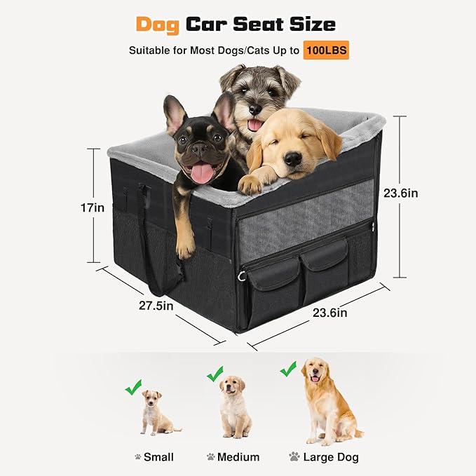 Large Dog Car Seat with Detachable Fleece Cover Summer & Winter | Backseat | Dog Car Seats for 2-3 Small | Medium | Large Dogs | Mesh Windows | Storage Pockets | Travel