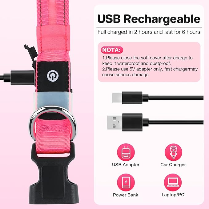 Light Up Dog Collar, USB Rechargeable 6 Modes, Waterproof Charging Port, Long Lasting LED Collar - Adjustable Nylon Reflective for Dogs, Sizes S/M/L (7/9/11 Lights) - 5 Colors (Pink, L)