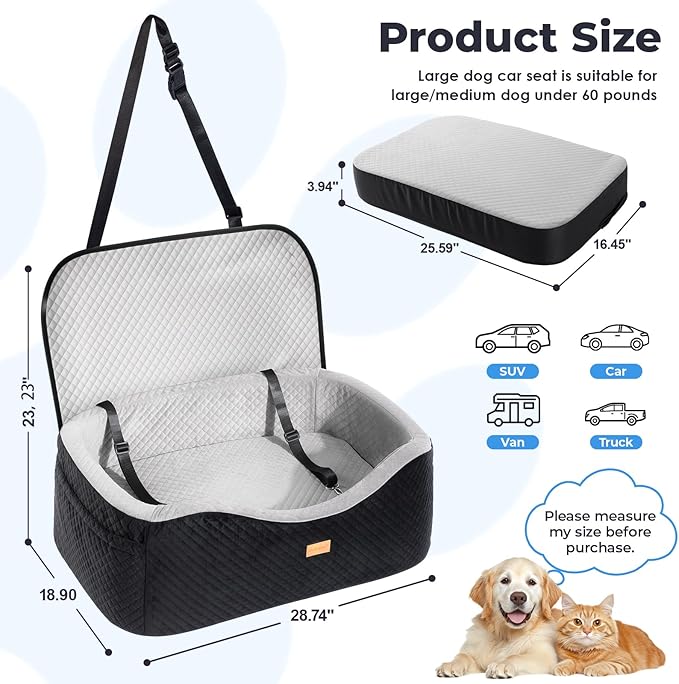 Dog Booster Car Seat for Large Dogs up to 60 lbs or 2 Small Dogs with 4" Memory Foam, Medium Pet Car Seat, Adjustable Leashes, Detachable/Washable (Black/Gray, Large)