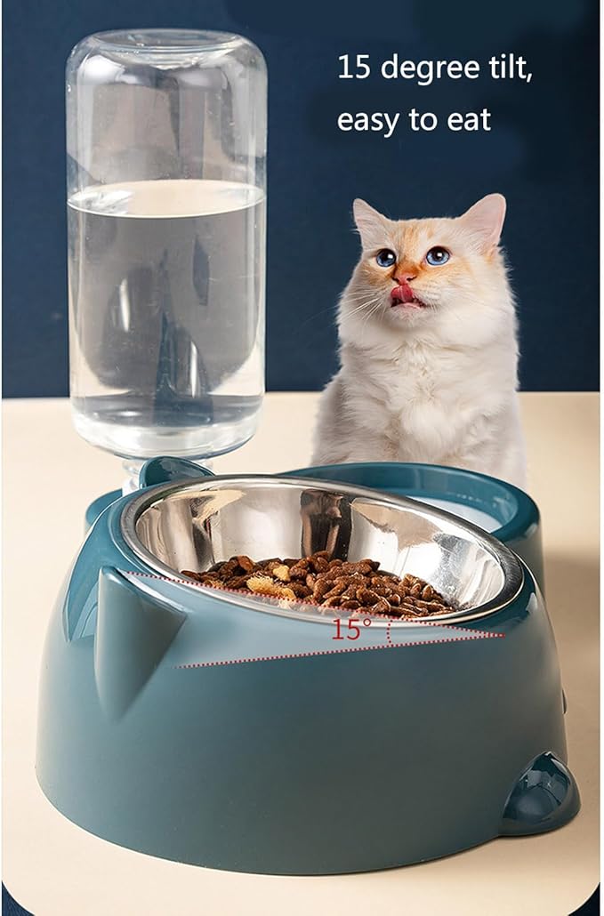 Anti Tip Pet Food Water Bowl Set Automatic Dispenser Bottle Detachable Metal Dish Ergonomic Raised Feeder for Cats Dogs Spill Dog Dish with Stainless Steel Bowl
