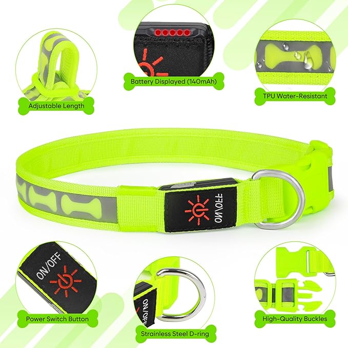 LED Dog Collar with Battery Display, Adjustable Light Up Dog Collars Rechargeable, Glowing in The Dark Reflective Light Collar Super Bright Safety Dog Light for Medium Large Small Pets (Green, S)