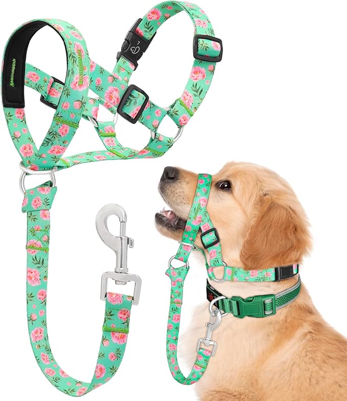 Dog Head Collar, Printed No-Pull Headcollar, Adjustable Dog Head Halter Gentle Lead with Safety Link, 3 Colors Muzzle Leash for Small Medium Large X-Large Dogs Easy Walks (Small, Peony)