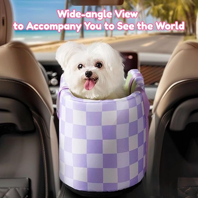 Center Console Dog Car Seat for Pets Up to 15 lbs, Detachable, Washable Cushion, Anti-Slip, Perdurable Oxford Fabric Dogs Cats Portable Travel Carrier, Safety Belt Leash (Purple Plaid, 45cm*25cm*22cm)