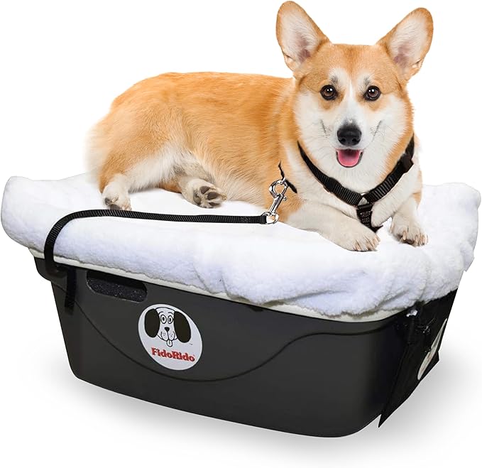 FidoRido Dog Car Seat - Pet Booster Seat for Small to Large Dogs with Comfortable Cushions, Sherpa Cover, and Safety Straps, Easy to Install, and Ideal for Travel, White Sherpa - Small Harness