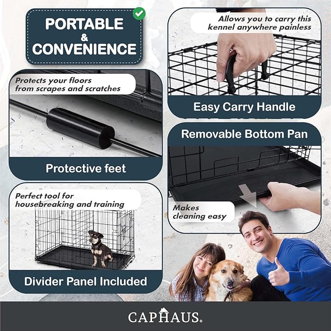 CAPHAUS Foldable Dog Crate Wire Metal Dog Kennel w/Leak-Proof Pan & Protecting Feet & Divider Panel, Single or Double Door, Small, Medium & Large Dog Crate Indoor Cage, 30” w/Single Door