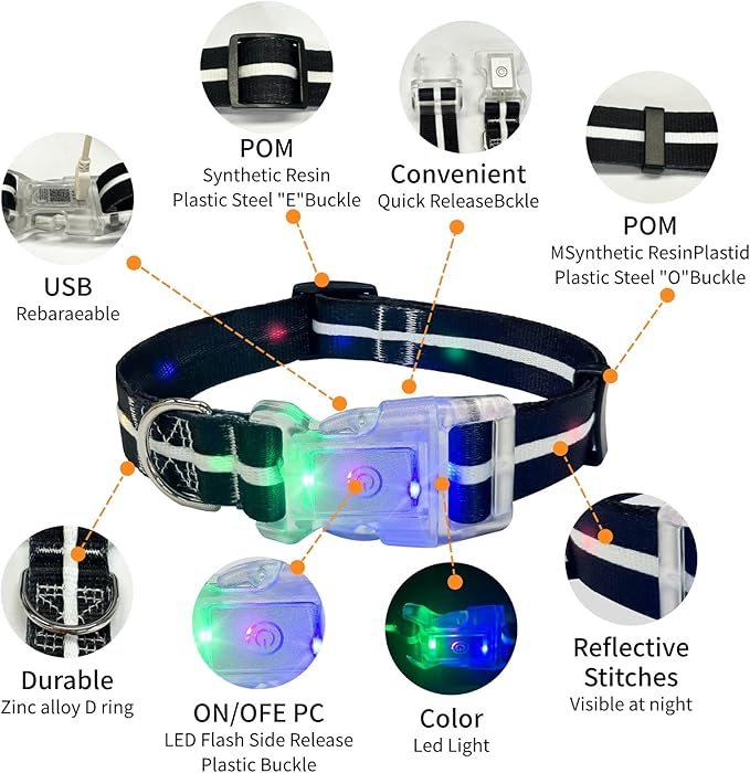 Light Up Dog Collar, USB Rechargeable Flashing LED Dog Collar, Adjustable Comfortable Glow in The Dark Puppy Collars, Safe Dog Collar Light for Small Medium Dogs(M Size)