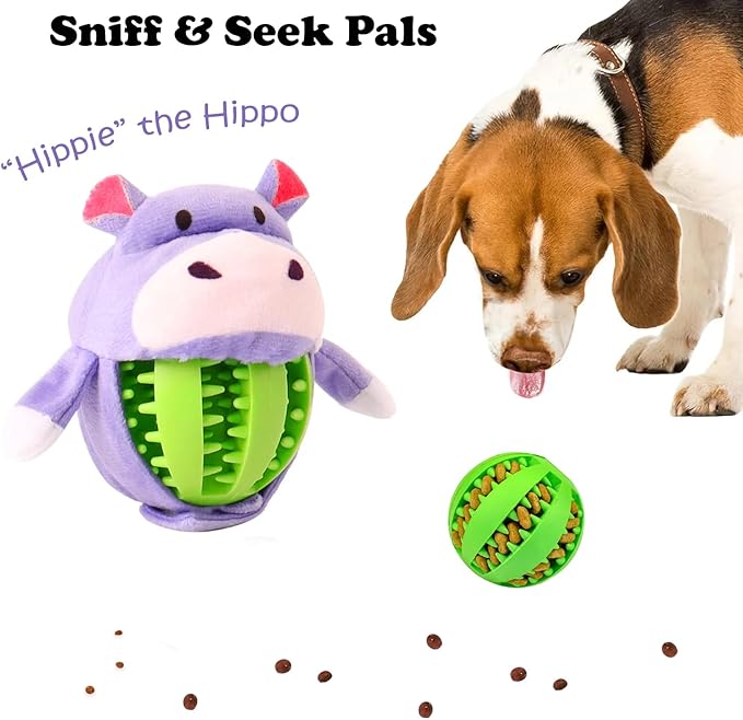 Tumbo Sniff & Seek Pals Dog Toy - Hide & Seek Treat Ball, Plush Animal Cover, Interactive Snuffle Toy for Enrichment & Boredom Relief (Hippie The Hippo (Green))