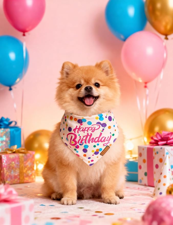 Dog Birthday Bandana, Luxury Handmade Double-Layer Pet Bandana for Small Medium Large Dogs, Silk-Soft Polyester Neck Gaiter for Puppy Birthday Party (Happy Birthday, Large)