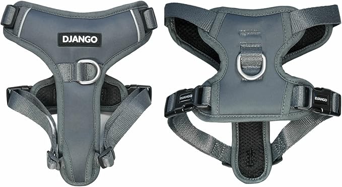 DJANGO Tahoe No Pull Dog Harness – Escape-Proof Dog Harness for Small & Medium with Front & Back Clips for Everyday Use – Adjustable, Padded, Reflective, Secure Fit, Easy On/Off – Poppy Gray, Medium