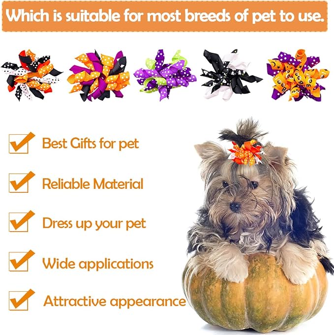 PET SHOW 20pcs/10pairs Curly Dog Hair Bows with Rubber Bands for Small Medium Dogs Spiral Puppy Swirl Topknot Cat Festival Hair Accessories Pet Favor Gift (Halloween Styles)