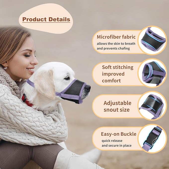 HEELE Dog Muzzle,Soft Nylon Muzzle Anti Biting Barking Chewing,Air Mesh Breathable Drinkable Adjustable Loop Pets Muzzle for Small Medium Large Dogs (Purple, XL)