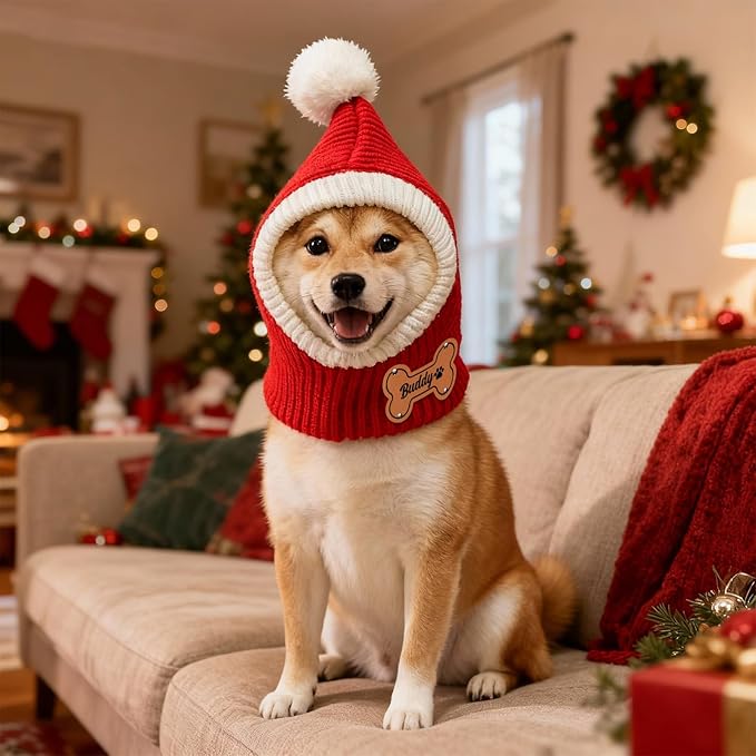 Custom Dog Beanie with Leather Patch Name, Personalized Santa Hat for Dog, 2025 Christmas Hats for Dog & Cat, Pom Pom Winter Hat for Small Medium Large Dogs Cats