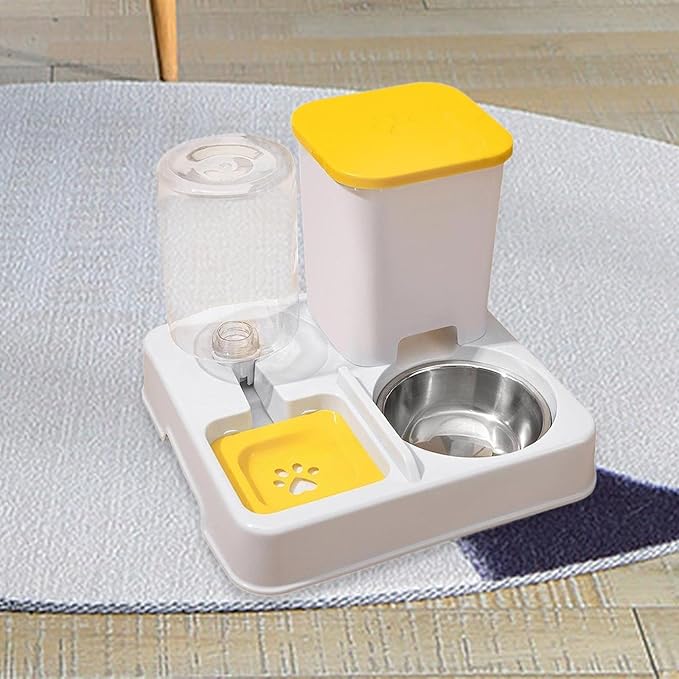 Automatic Dog Cat Feeder Dry and Wet Separation Smooth Surface Removable Eating and Drinking Bowl for Dogs Small Animal Puppy- Yellow White