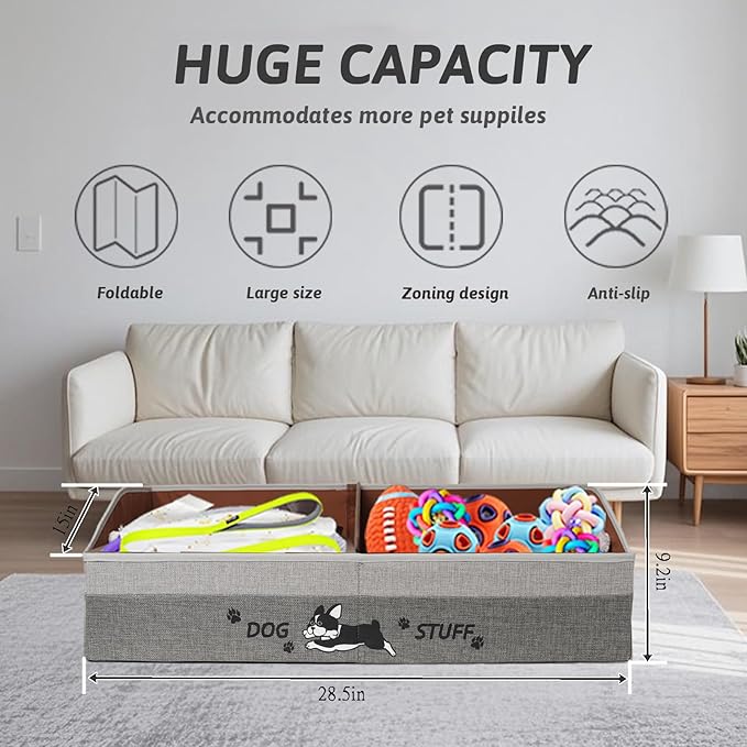 Large Dog Toy Basket with Handles, 28.5" Collapsible Multi-Purpose Hard Board Dog Toy box, Clothes, Dog toy storage (Gray,Coffee)