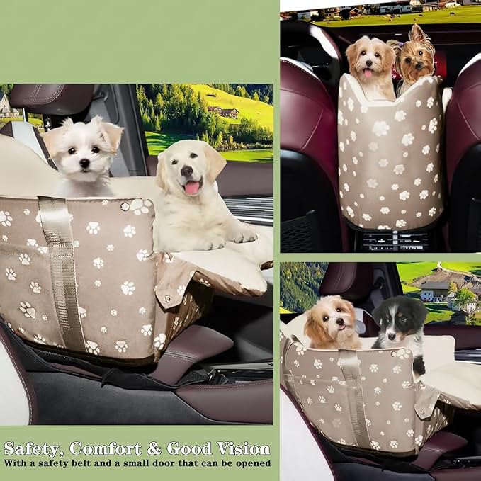 Cullaby Center Console Dog Car Seat for Medium Dogs - Portable Dogs Armrest Booster Seat, Anti-Collapse Pet Car Seat with Soft Cushion Safety Belt, Support Pet Up to 25lbs (Khaki)