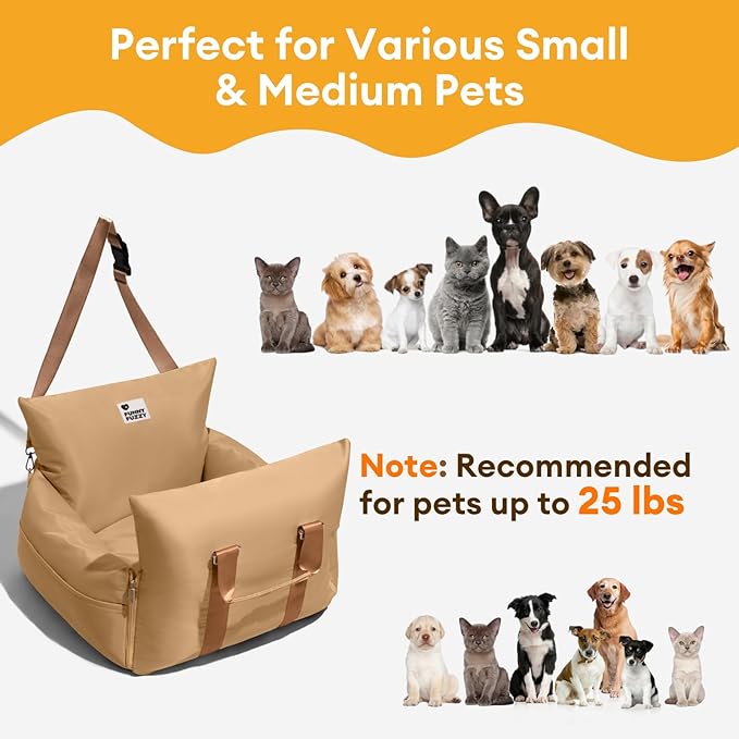 FUNNY FUZZY Dog Car Booster Seat for Small/Medium Dogs up to 25lbs – Waterproof, Non-Slip Base, Safety Leash & Fully Washable Design for Safe and Comfortable Travel (Brown)