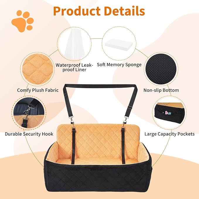 Dog Car Seat for Large Dogs Up to 55 lbs, Pet Booster Seat with Memory Foam, Non-Slip Washable Dog Car Bed with 2 Safety Leashes & Storage Pockets for SUV & Sedan