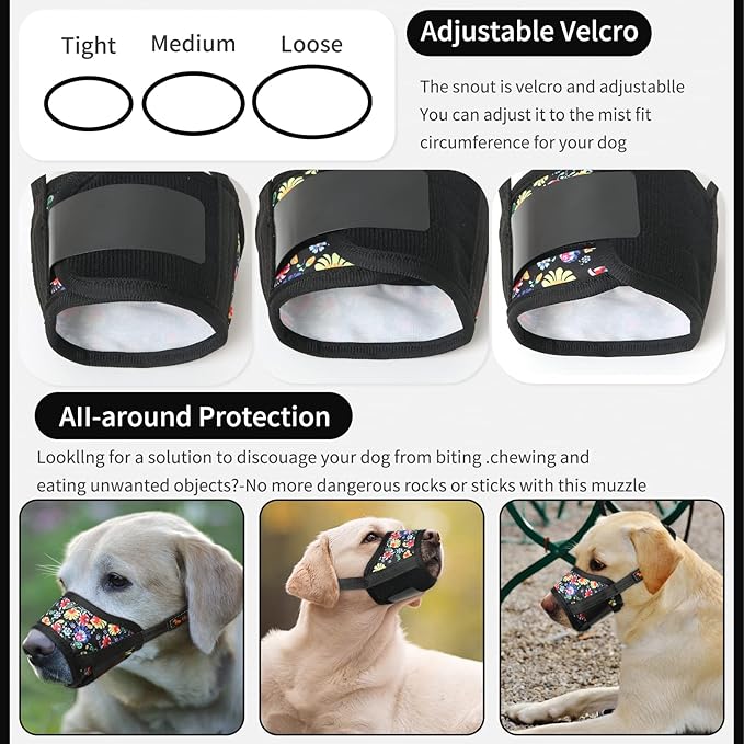 HEELE Dog Muzzle,Soft Nylon Muzzle Anti Biting Barking Chewing,Air Mesh Breathable Drinkable Adjustable Loop Pets Muzzle for Small Medium Large Dogs 4 Colors 4 Sizes (P-Black Sunflower, L)