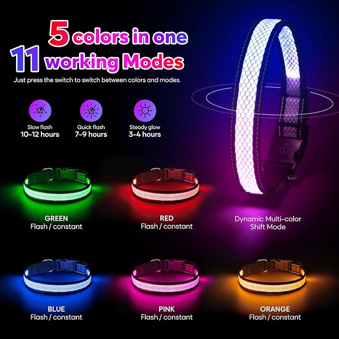 Weesiber Light Up Dog Collar, USB Rechargeable LED Dog Collar Glow in The Dark, Adjustable Reflective Waterproof Dog Collar Light for Night Walking (RGB, S)