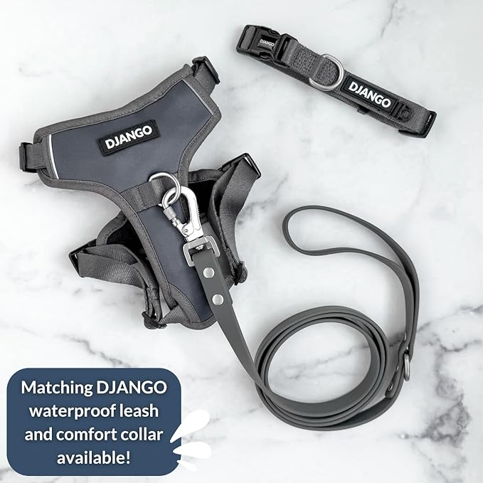 DJANGO Tahoe No Pull Dog Harness – Escape-Proof Dog Harness for Large & XL Dogs with Front & Back Clips for Everyday Use – Adjustable, Padded, Reflective, Secure Fit, Easy On/Off – Poppy Gray, XXL